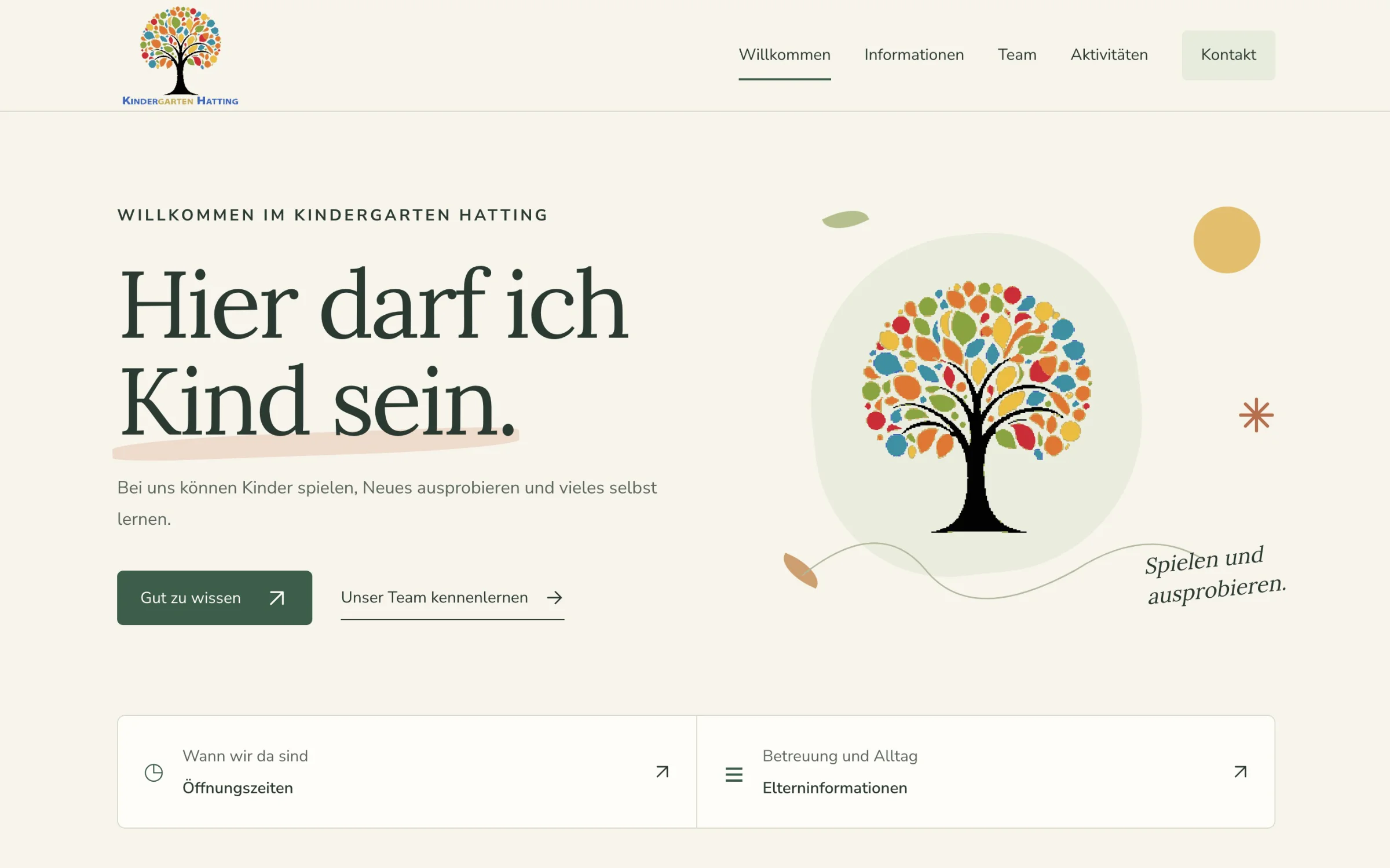 Website des Kindergartens Hatting: helle Flächen, grüne Akzente, ein bunter Baum und die Überschrift Hier darf ich Kind sein.