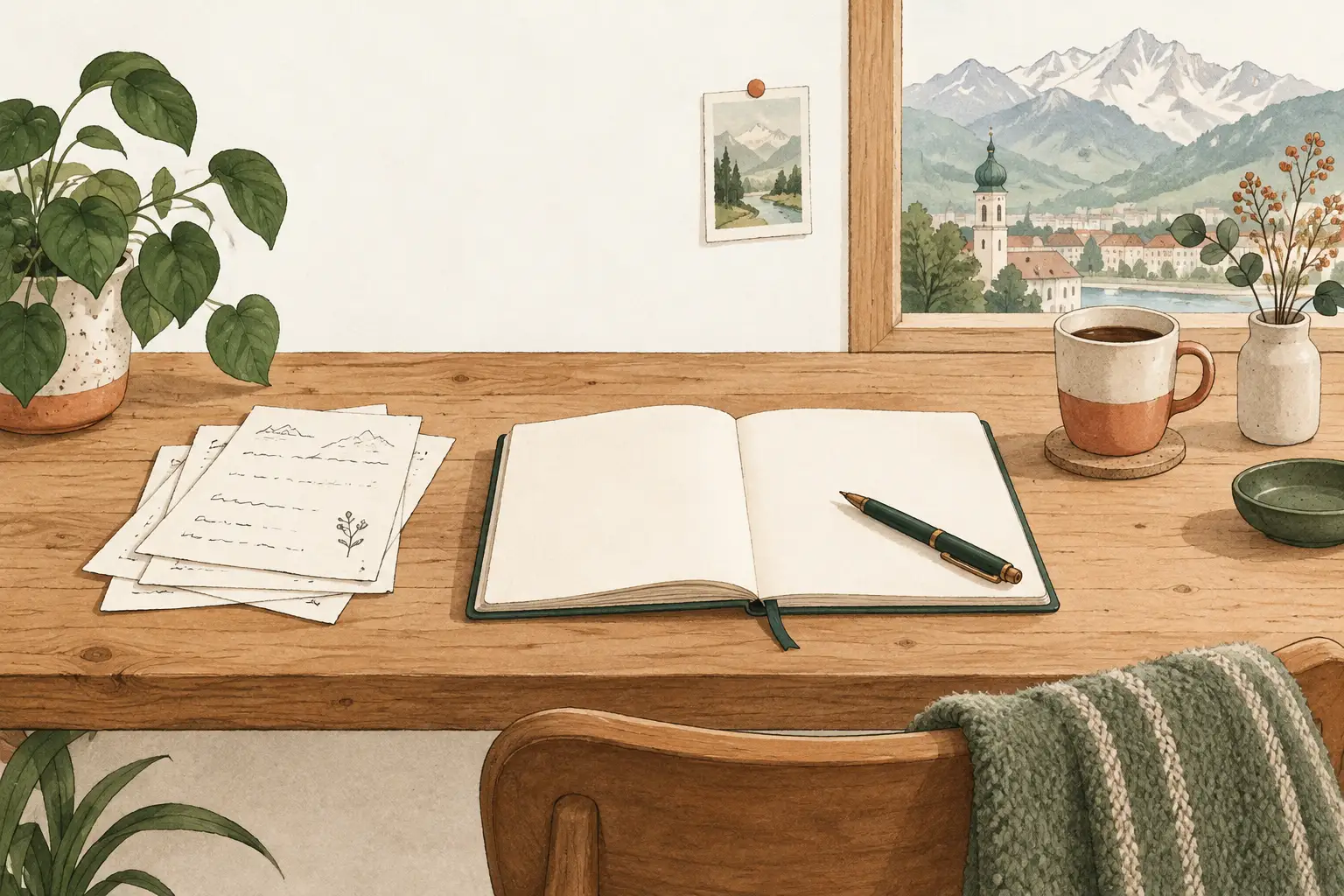 Illustration eines Schreibplatzes mit vier beschriebenen Blättern, einem offenen Notizbuch und einem bereitliegenden Stift.