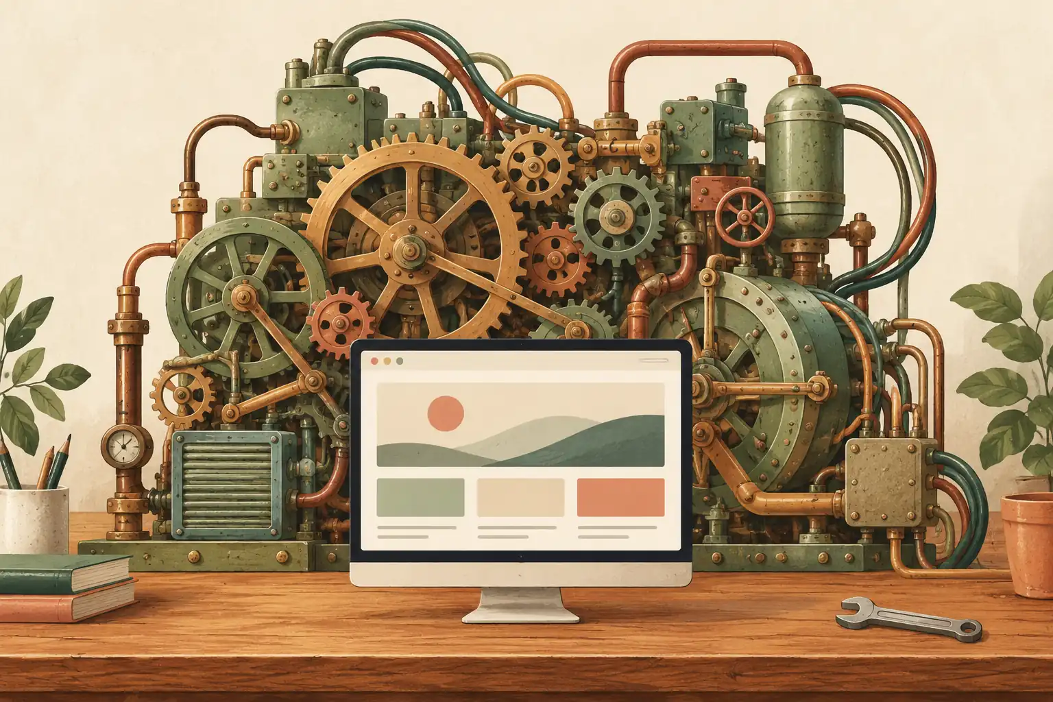 Illustration eines Monitors mit einfacher Website, hinter dem sich ein großes Räderwerk aus Zahnrädern, Rohren und Kabeln auftürmt.